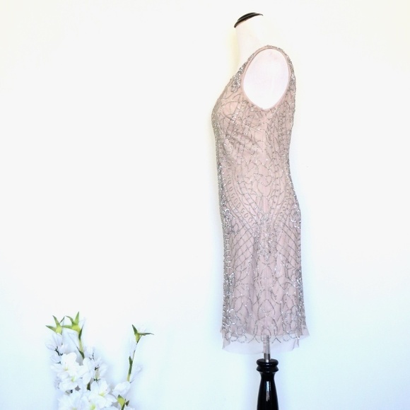 NEW! Aidan Mattox Sequin Beaded Embellished Cocktail Dress Taupe SZ 4 - Picture 3 of 9
